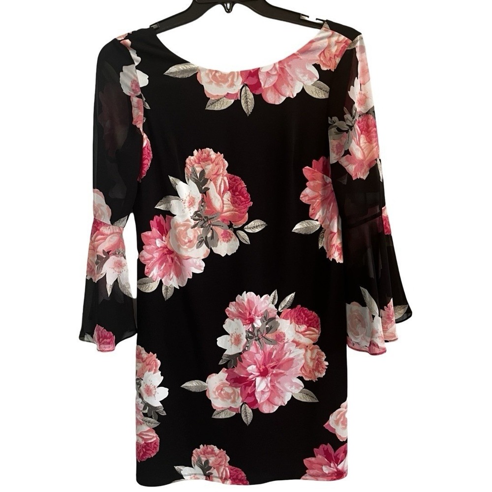 Jessica Howard Womens Black Pink Floral Bell Sleeve Shift Dress Size 6